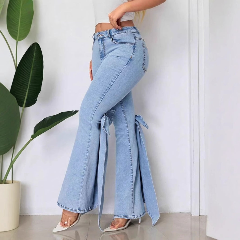 Womens High Waisted Stretchy Denim Flared Jeans With A Bow Detail