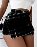 Street Vintage Denim Shorts Stretch Overlap Waist Wrap Solid Asymmetrical Hem A-Line Skinny Mini Skorts Skirt