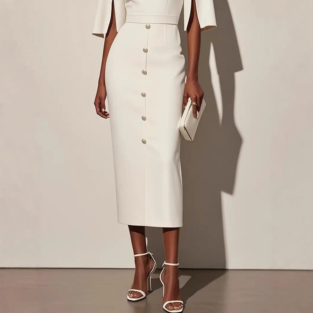 Robe d'été unie à col rond, taille marquée, fente et boutons