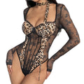 Womens Sheer Lace Long-sleeve Bodysuit