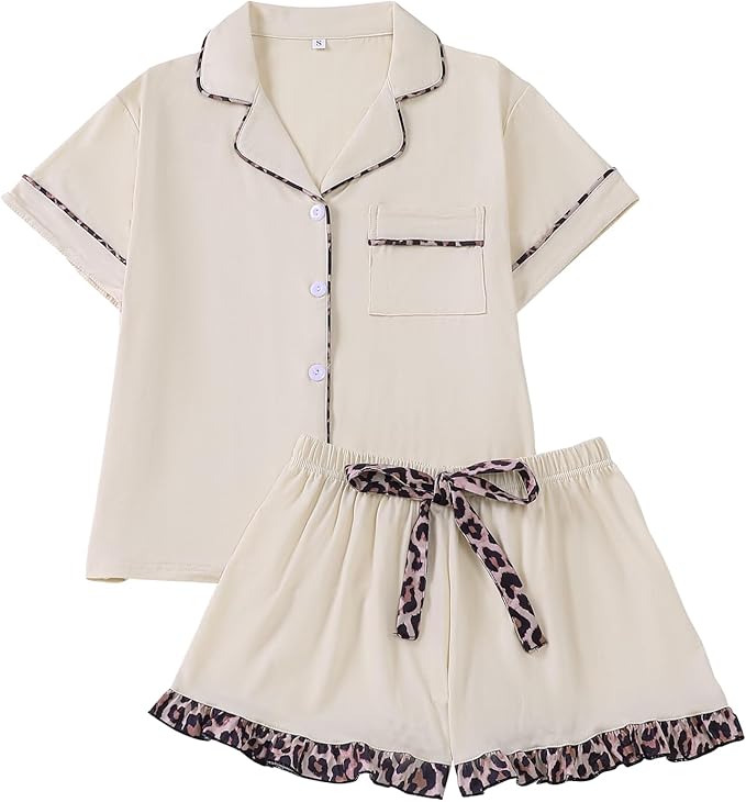 Summer Pajamas For Women Set Short Sleeve Button Down Leopard Pjs Lounge Sets Soft Sleepwear
