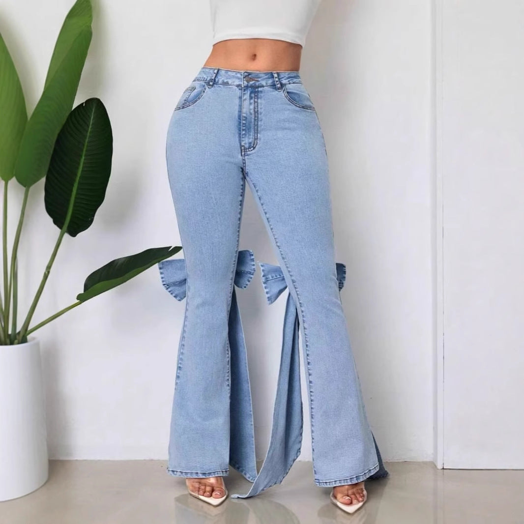 Womens High Waisted Stretchy Denim Flared Jeans With A Bow Detail