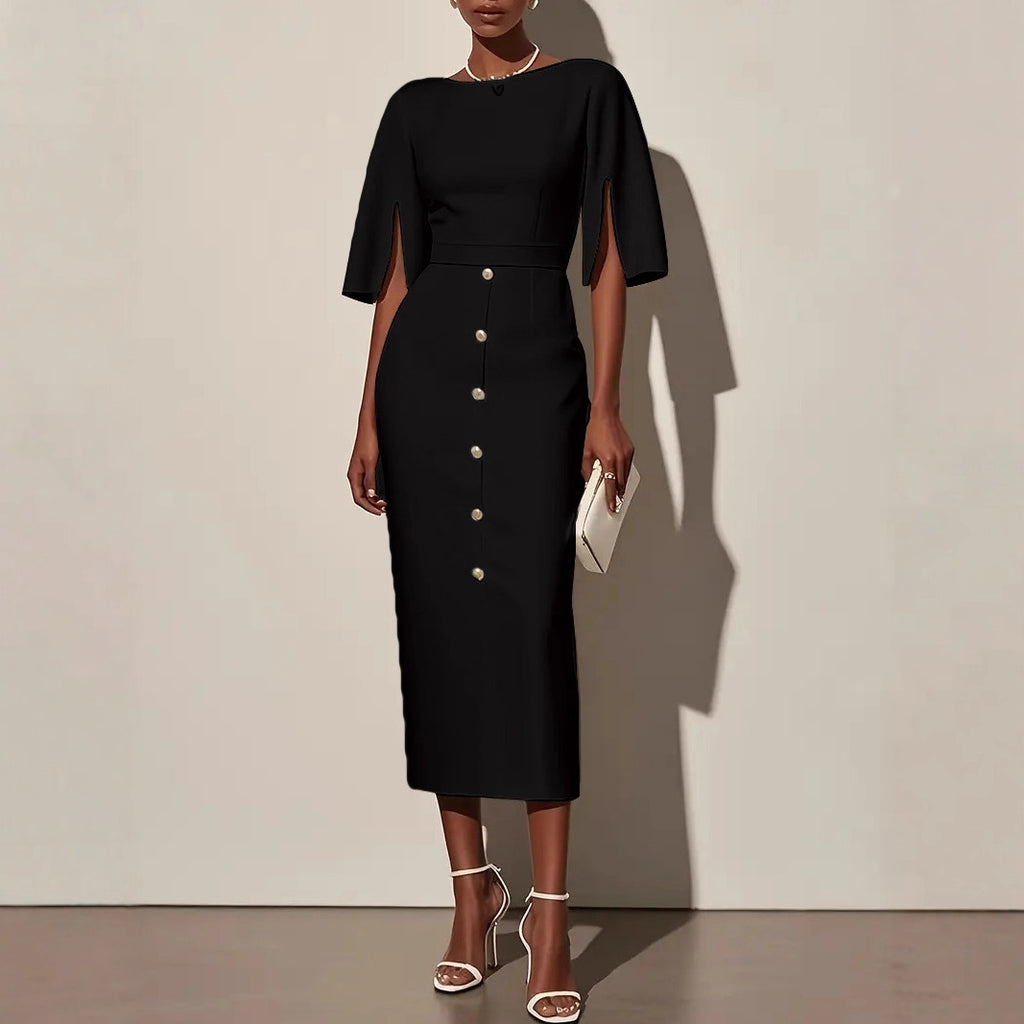 Robe d'été unie à col rond, taille marquée, fente et boutons