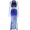 Conjunto de top sem mangas e costas nuas estampado e saia com racha