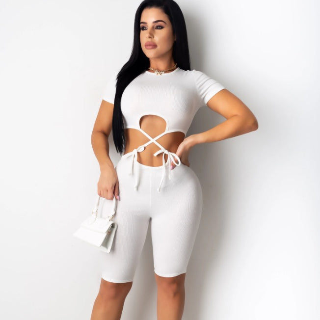 Knitted Tie-front Midriff-baring One-piece Shorts