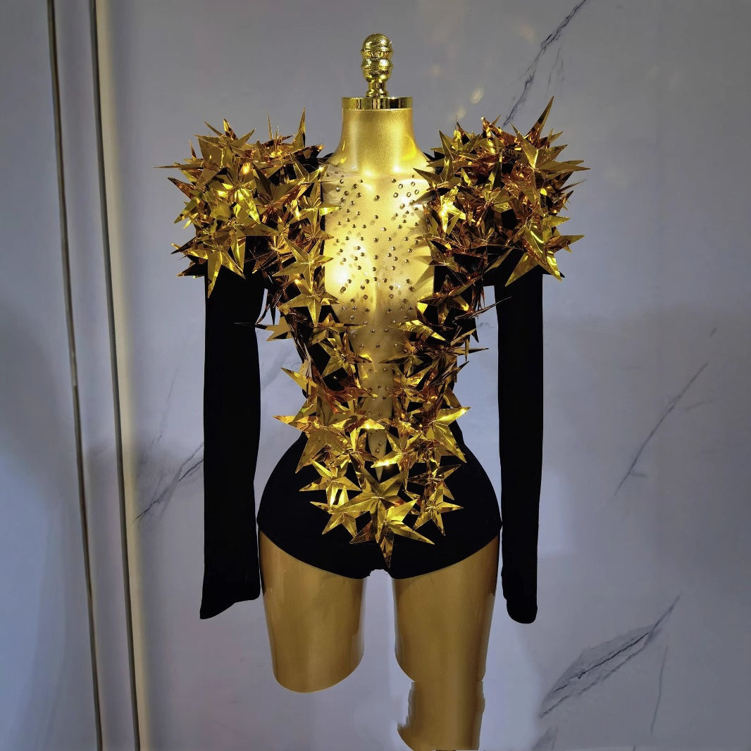 Sexy Golden Three-dimensional Five-pointed Star Exaggerated High Padded Shoulder Jumpsuit