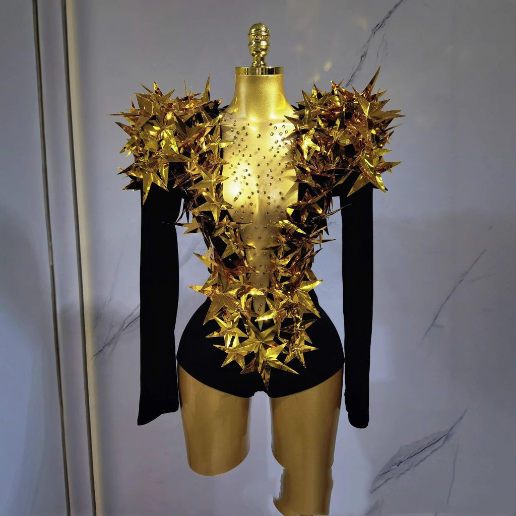 Sexy Golden Three-dimensional Five-pointed Star Exaggerated High Padded Shoulder Jumpsuit