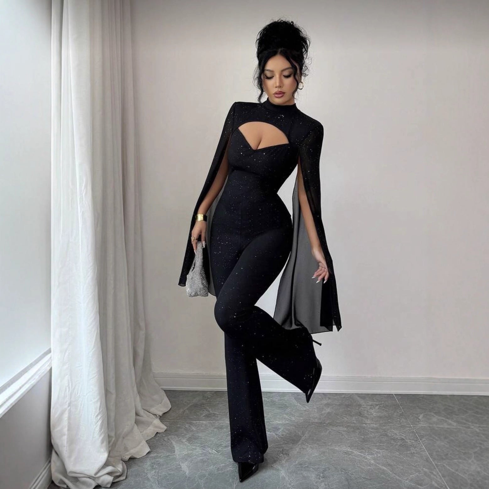 Women's Crew-neck Ribbed Chiffon Cape-style Bodycon Jumpsuit