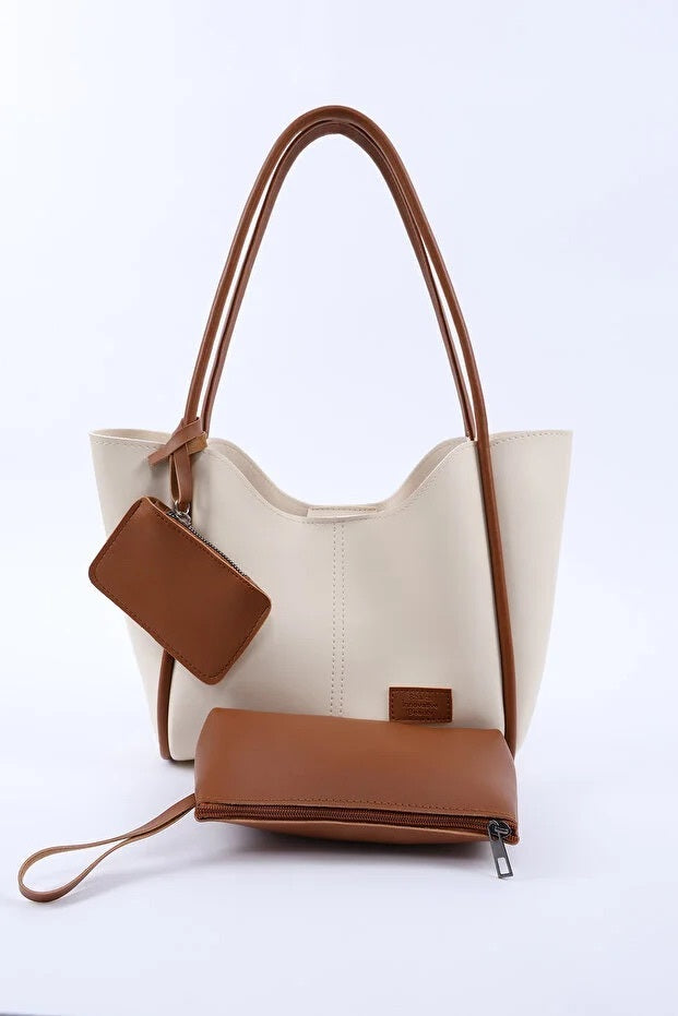 Cream Tan Faux Leather Women Hand And Shoulder Bag With Wallet And Makeup Bag