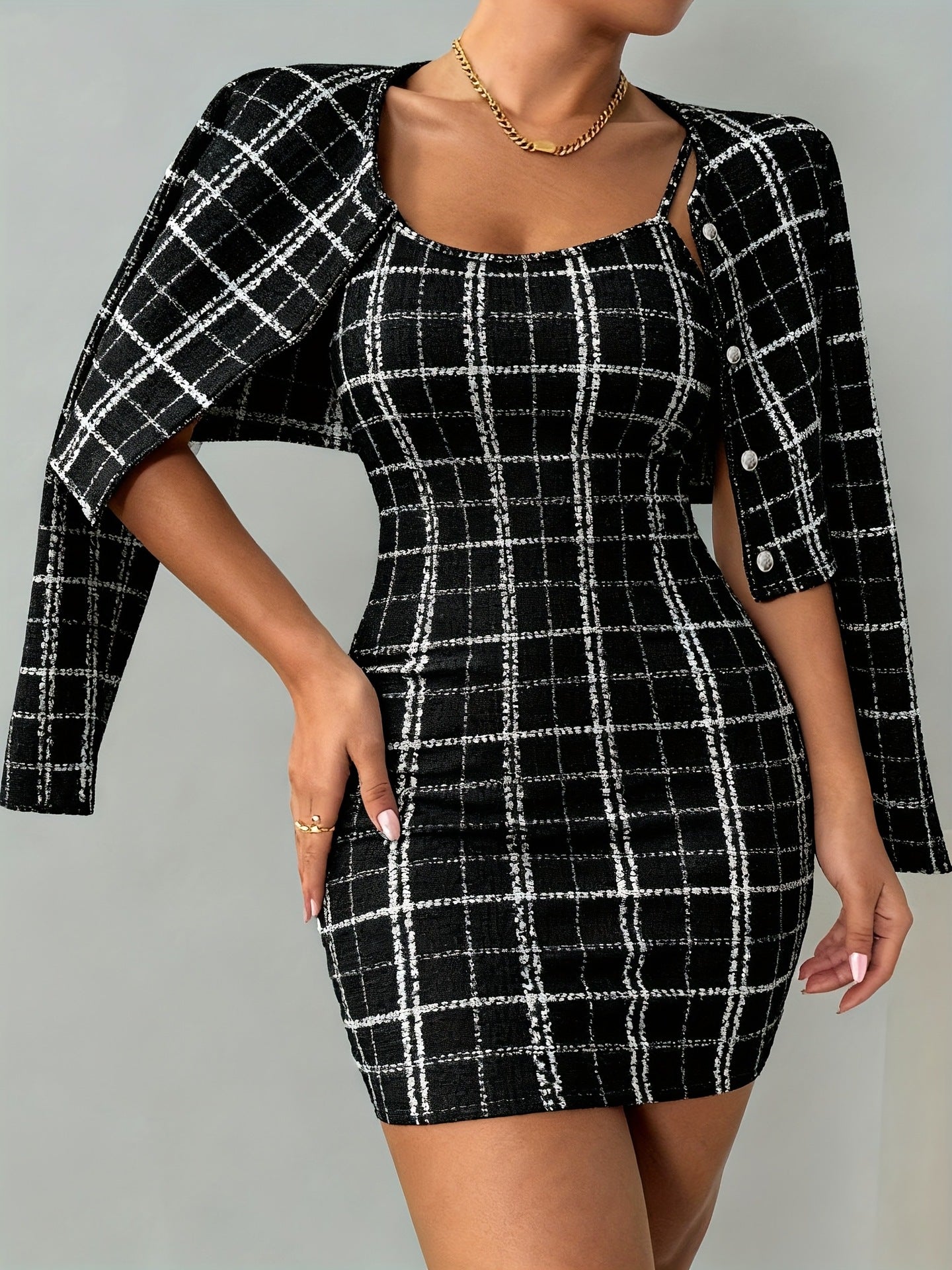 Womens Plaid Long-Sleeve Jacket And Skirt Set