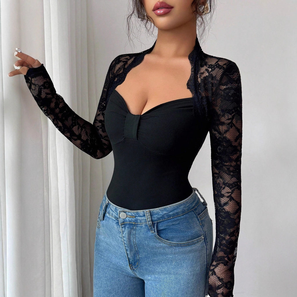 Womens Solid-Color Lace-Panel Knitted Long-Sleeve Slim-Fit T-Shirt