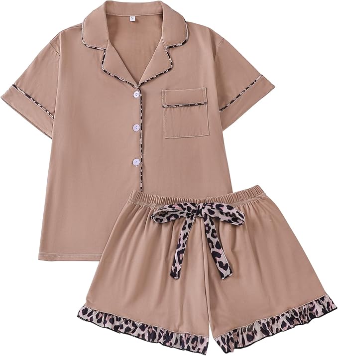 Summer Pajamas For Women Set Short Sleeve Button Down Leopard Pjs Lounge Sets Soft Sleepwear