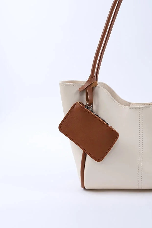 Cream Tan Faux Leather Women Hand And Shoulder Bag With Wallet And Makeup Bag