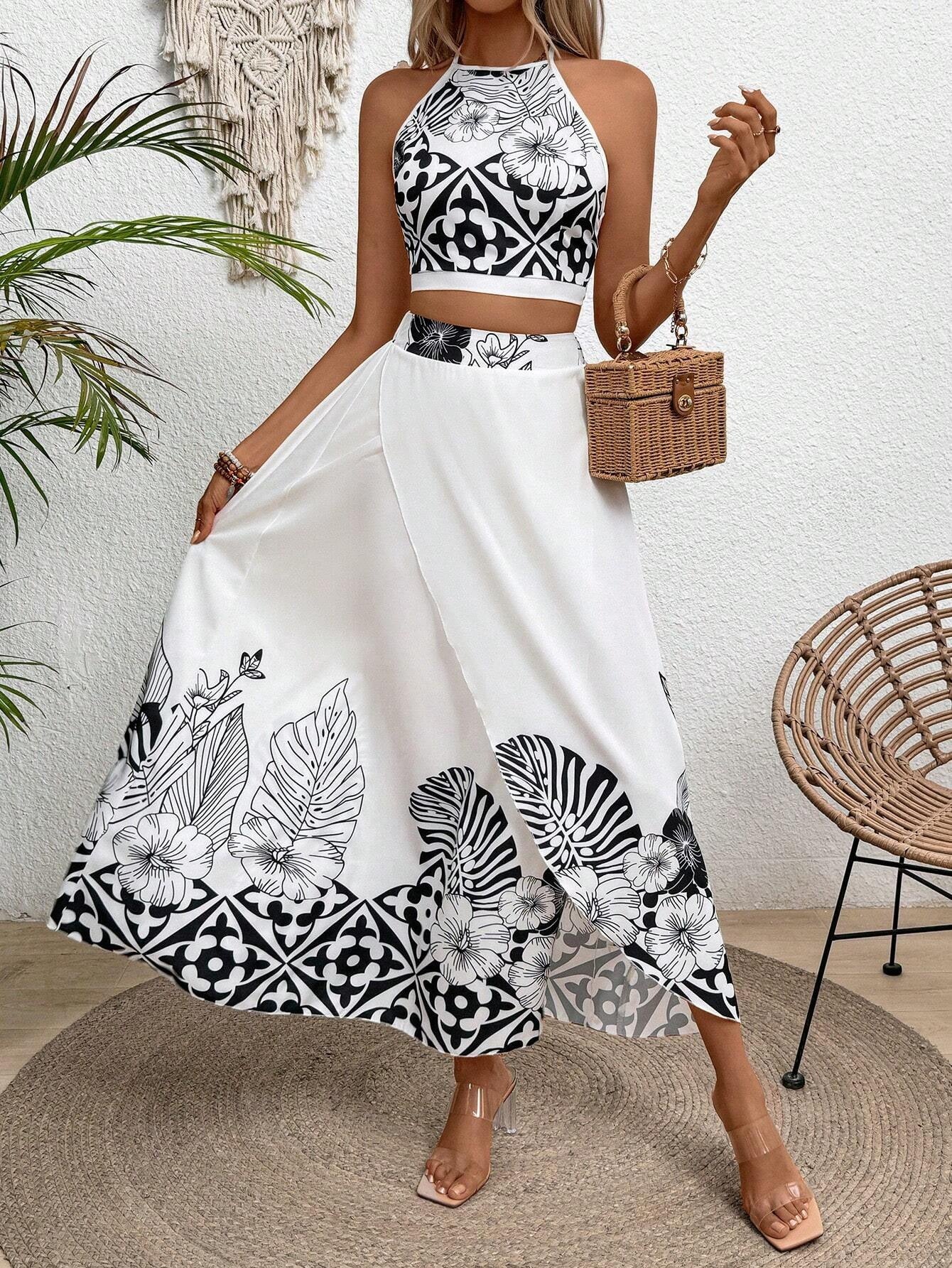 Floral-print Two-piece Slim-fit Set