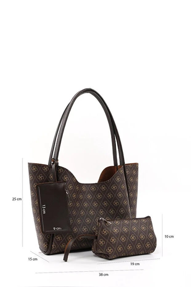 Monogram Brown Faux Leather Women Hand And Shoulder Bag With Wallet And Makeup Bag