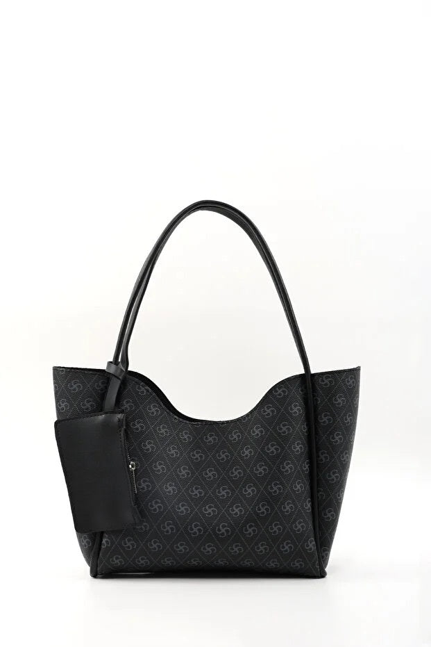 Monogram Black Faux Leather Women Hand And Shoulder Bag With Wallet And Makeup Bag