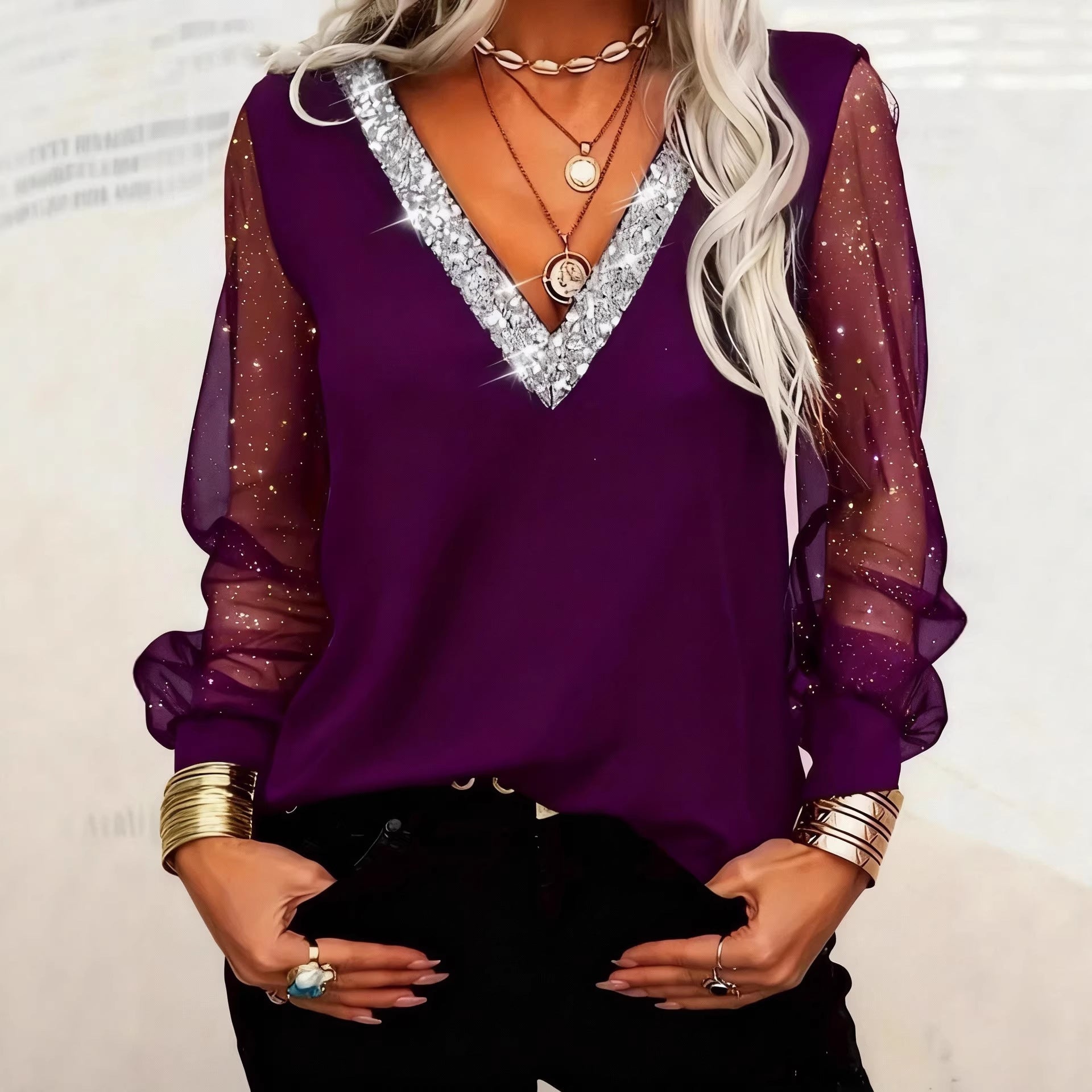 Sequined V-neck Mesh Long-sleeve Casual T-shirt Top