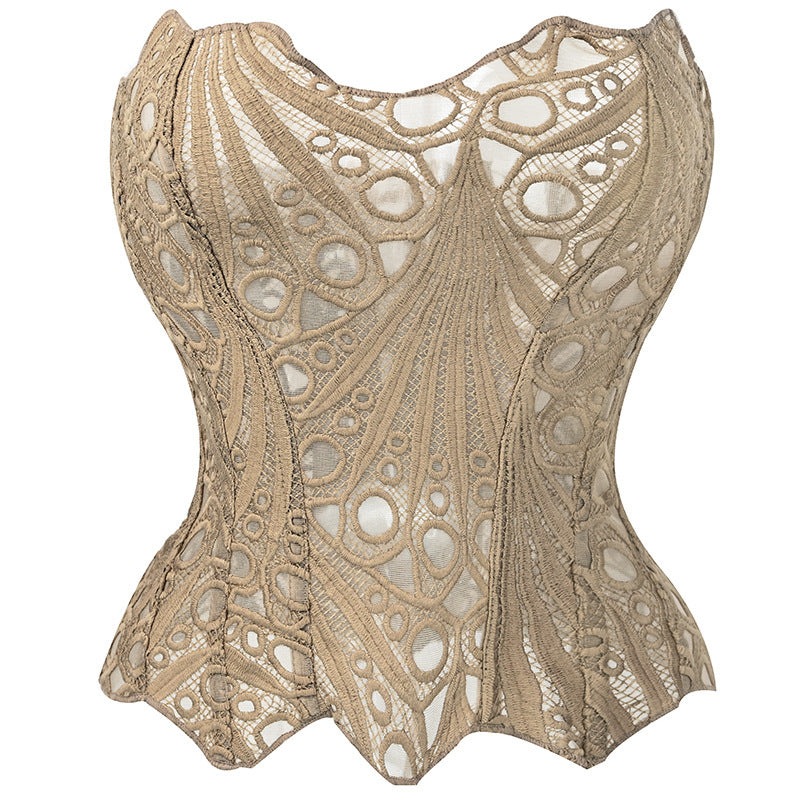 Irregular Lace Fishbone Corset With Mesh Panels And Print For A Sculpting Fit