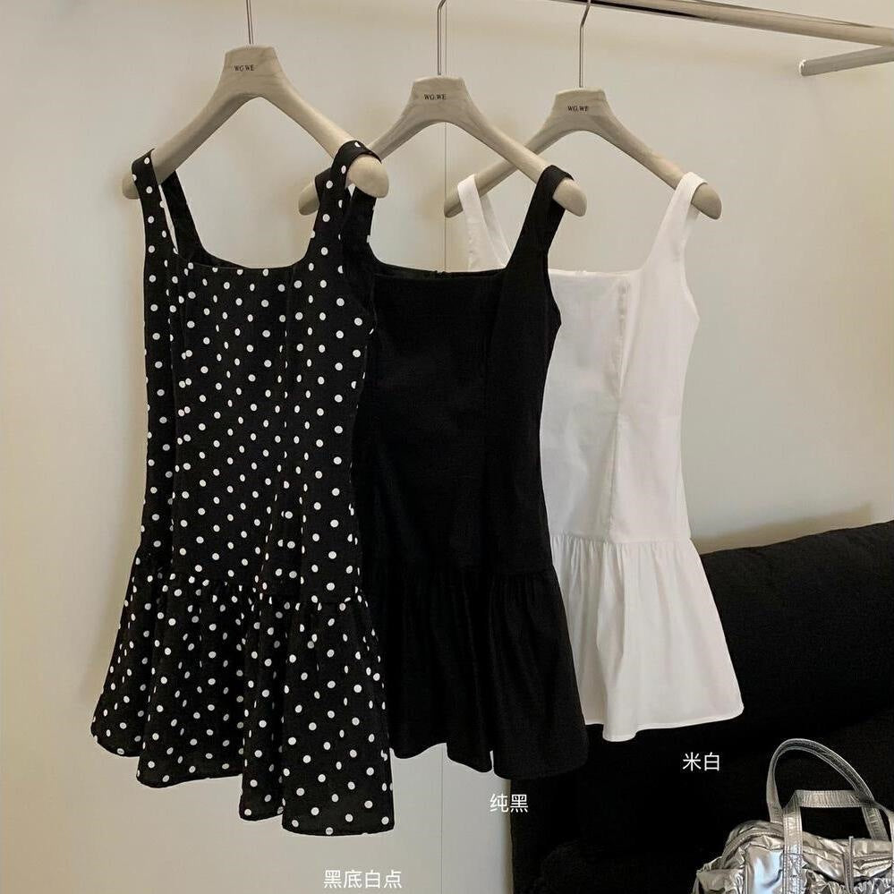 Versatile Polka-dot Waist-cinching Backless Slip Dress