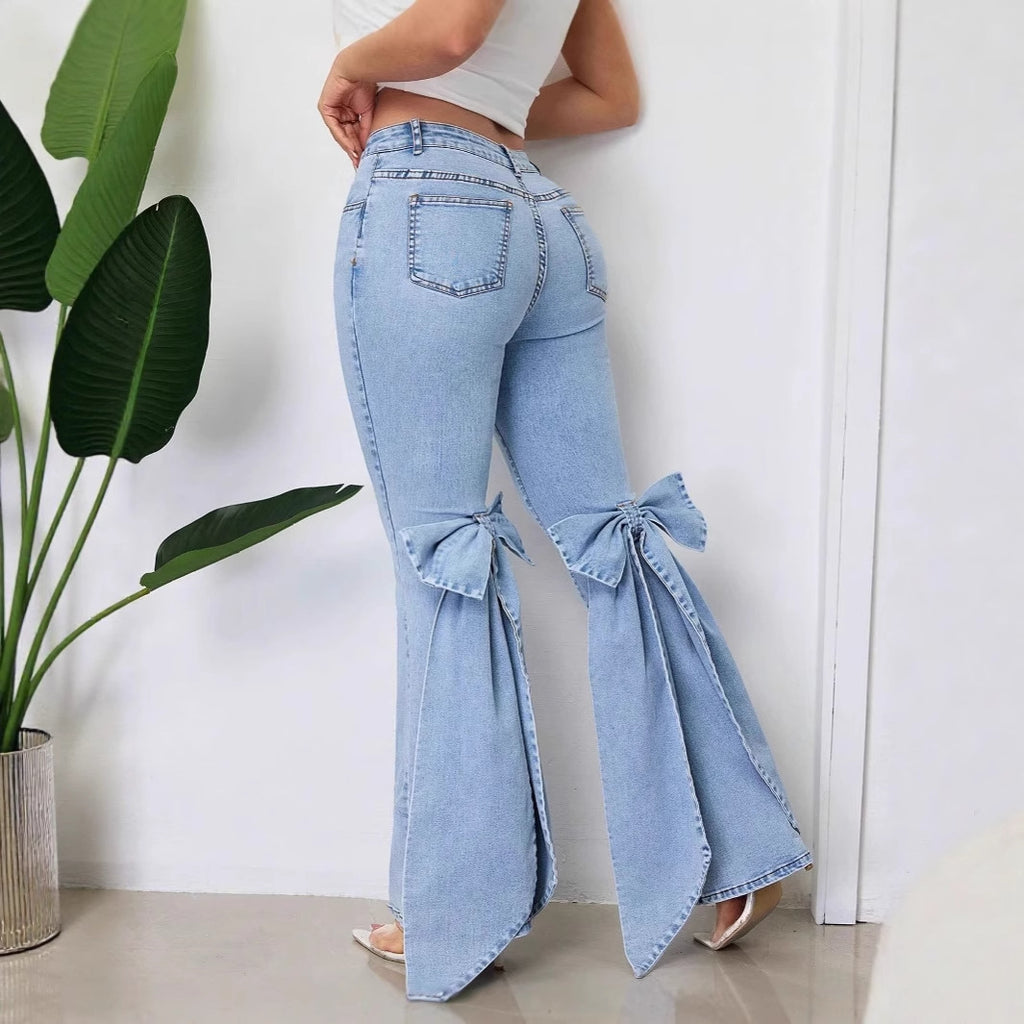 Womens High Waisted Stretchy Denim Flared Jeans With A Bow Detail