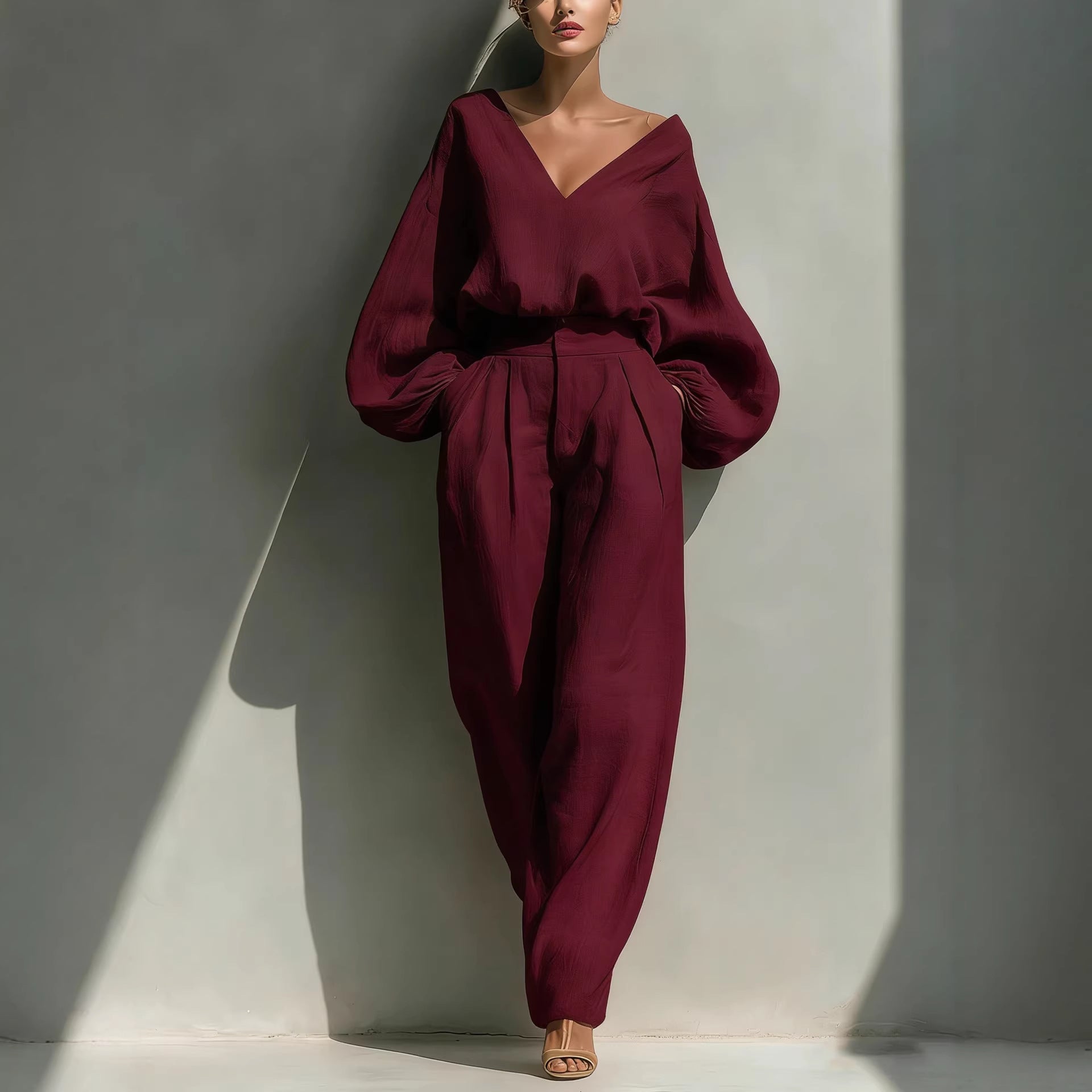 Pitkähihainen väljä trendikäs unisex-retro puuvilla-pellavasekoite-setti