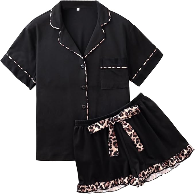Summer Pajamas For Women Set Short Sleeve Button Down Leopard Pjs Lounge Sets Soft Sleepwear