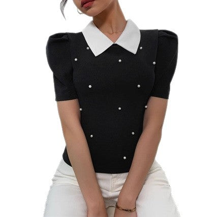 Womens Stylish Slim-fit Color-blocked Lapel Short-sleeve Top