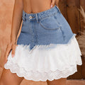 Shorts de mezclilla lavada para mujer, elegante, con patchwork asimétrico y ribete de encaje