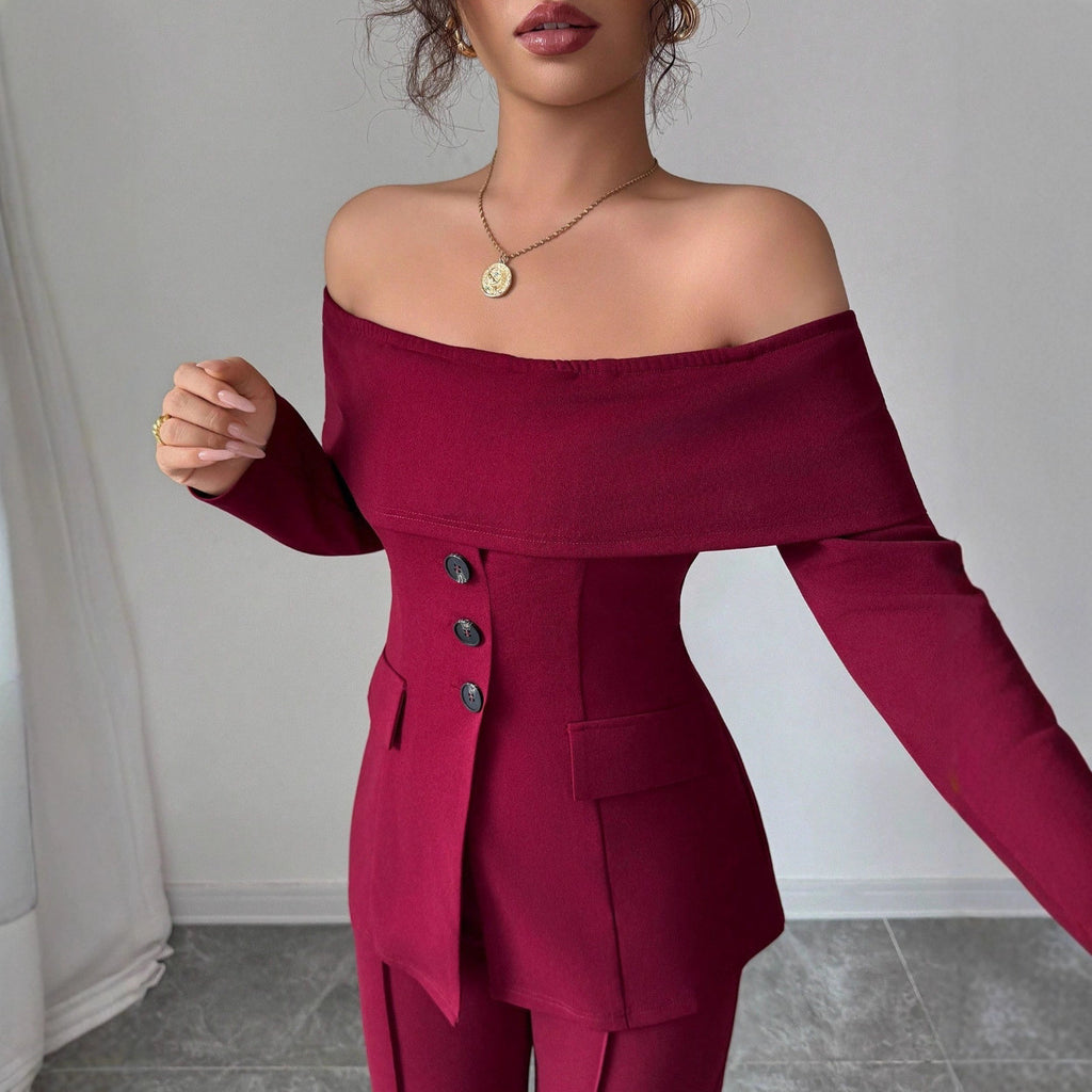 Burgundy Suit Dress For Women French-style Off-shoulder Design With An Elegant High-end Vibe