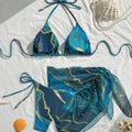 Marble-patterned Mesh Veil Detachable Strap Sexy Bikini Three-piece Set