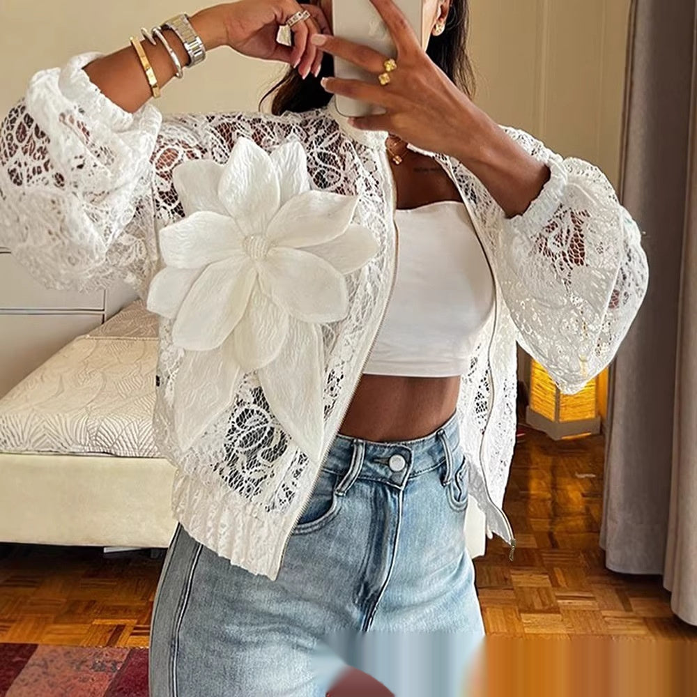 Womens Lightweight  Sheer White Lace Fabric Cropped Jacket With 3D Floral Detailing
