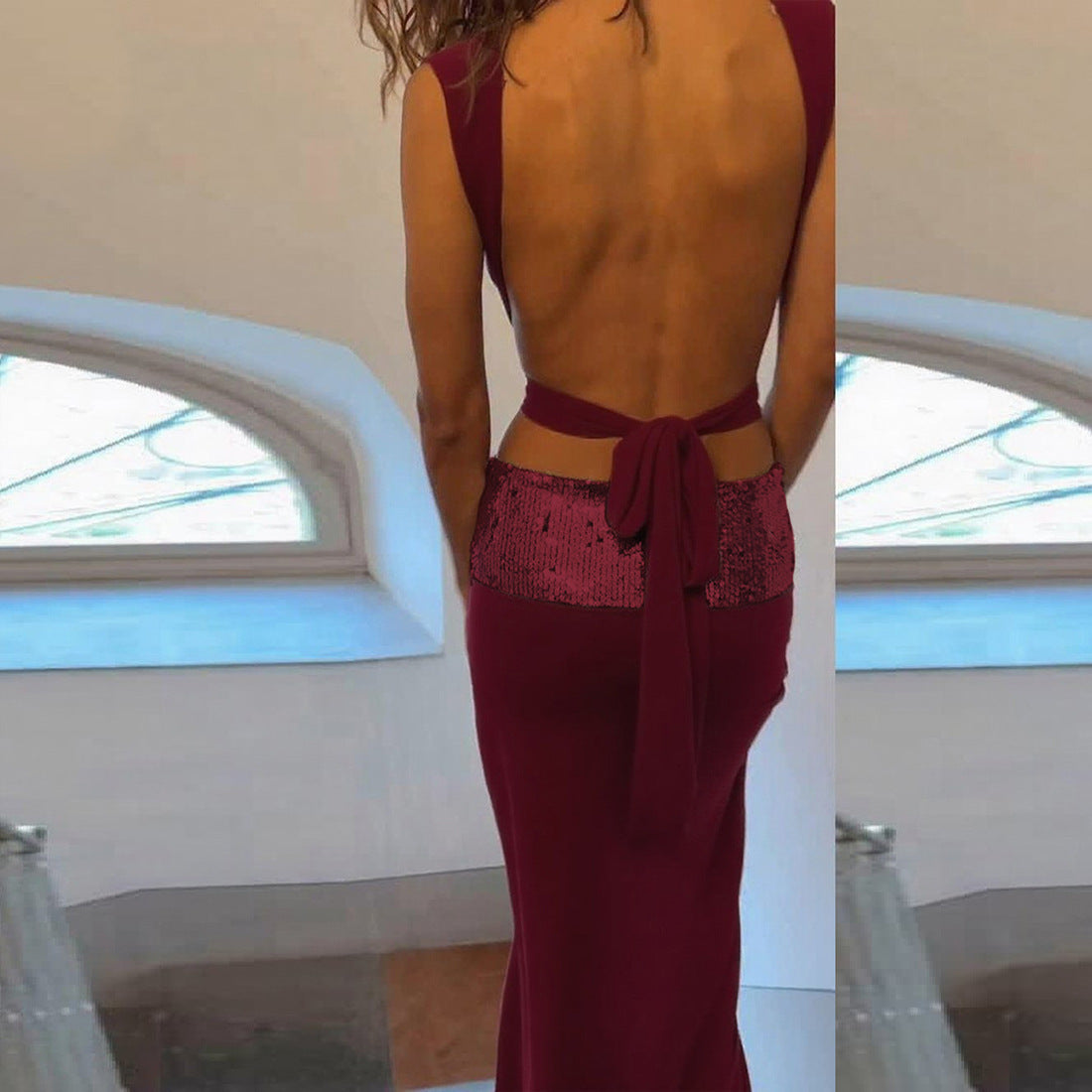 Elegant Backless Top Paired With A Patchwork Maxi Skirt
