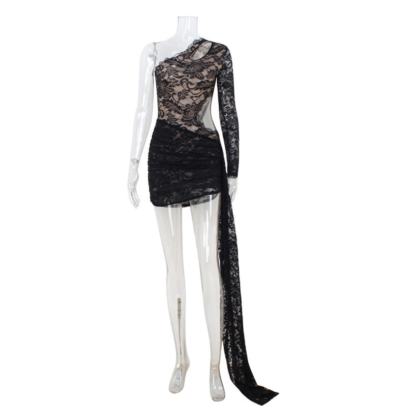 Womens Sexy Lace-Panel Hollowed-Out Bodycon Off-the-Shoulder Sheath Dress