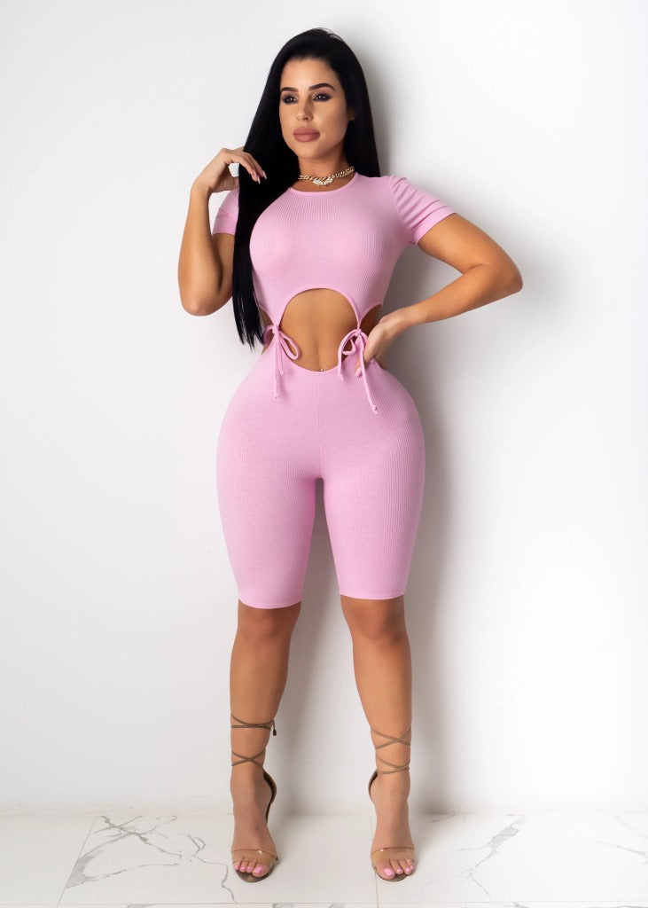 Knitted Tie-front Midriff-baring One-piece Shorts