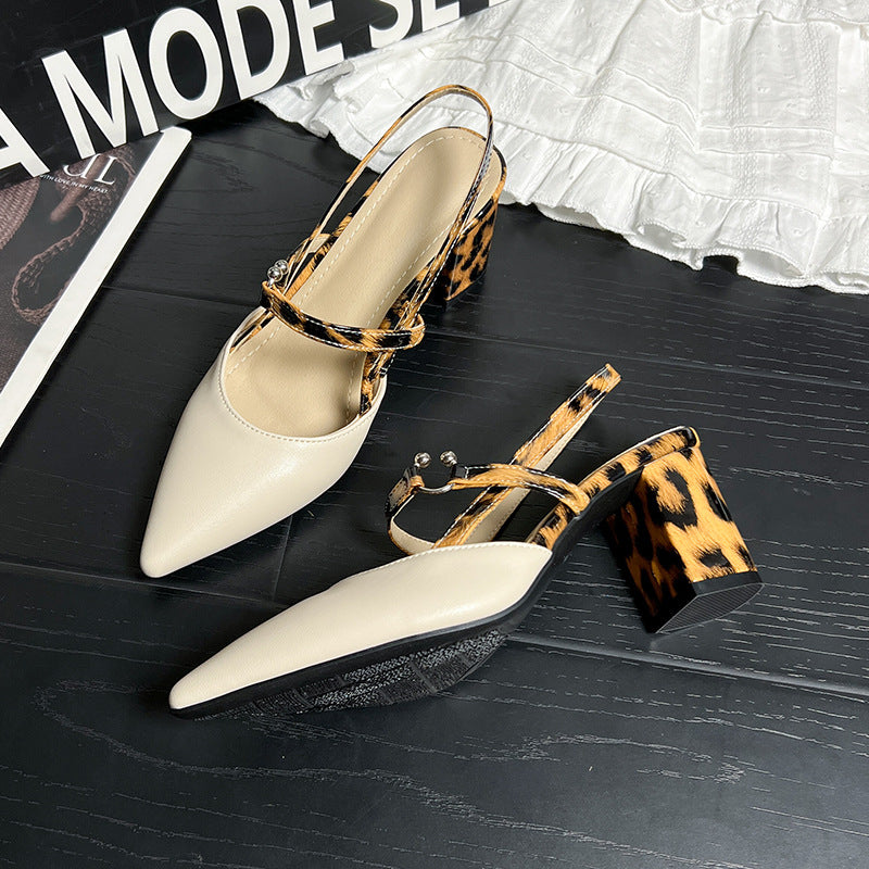 Summer New Pointed-toe Fashionable Open-heel Chunky Heel Shoes