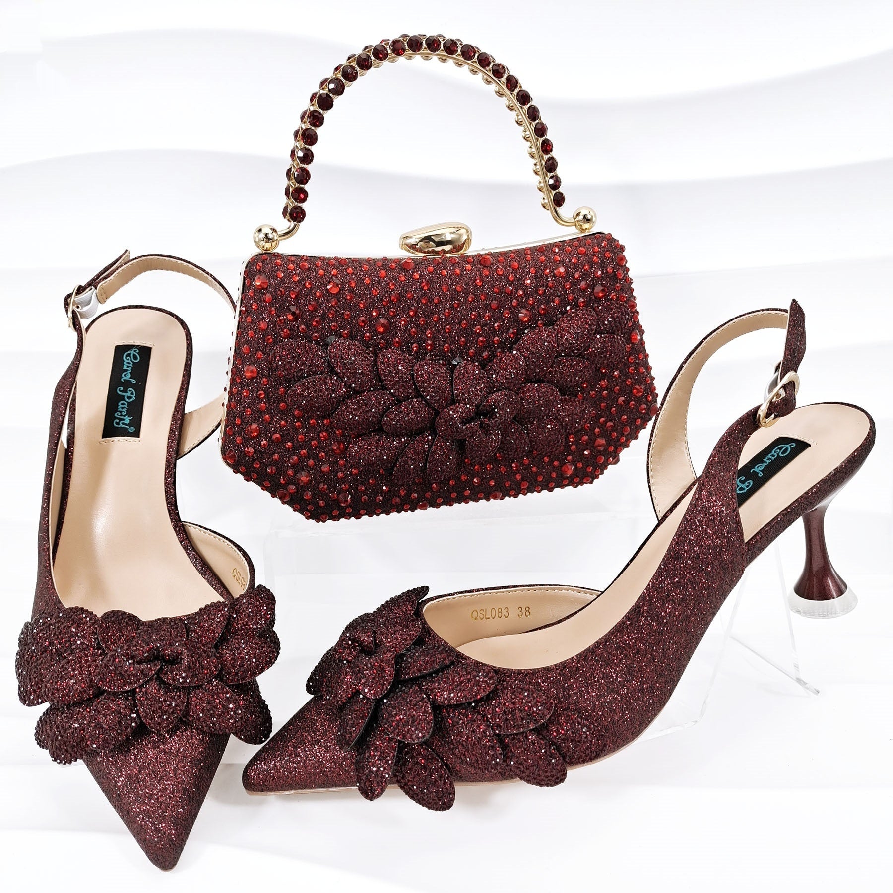 Cross-border Ladies Party Shoes Bag Set Handmade Leaf Decorative Wine Glass Heel Matching Set
