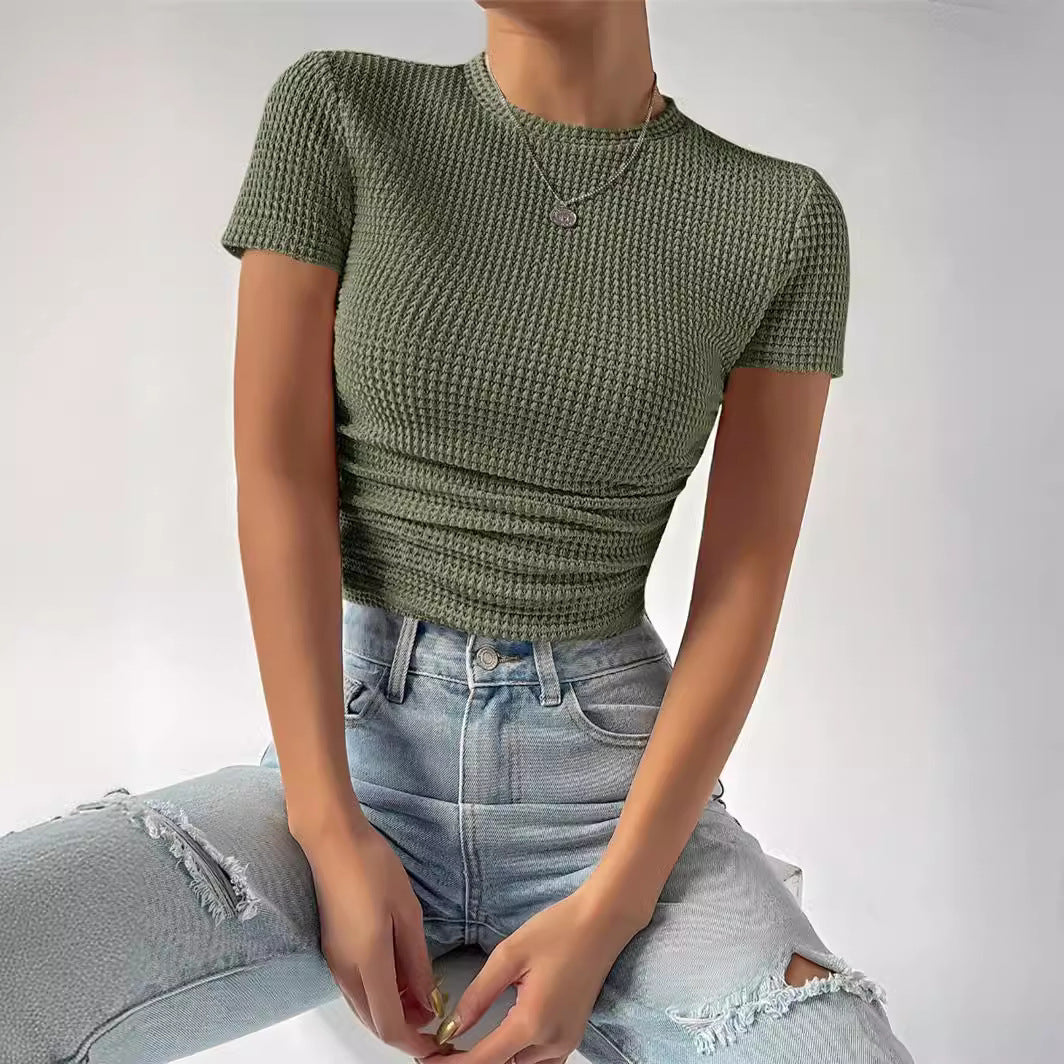 Versatile Figure-flattering Ribbed Crew-neck Knit Short-sleeve T-shirt