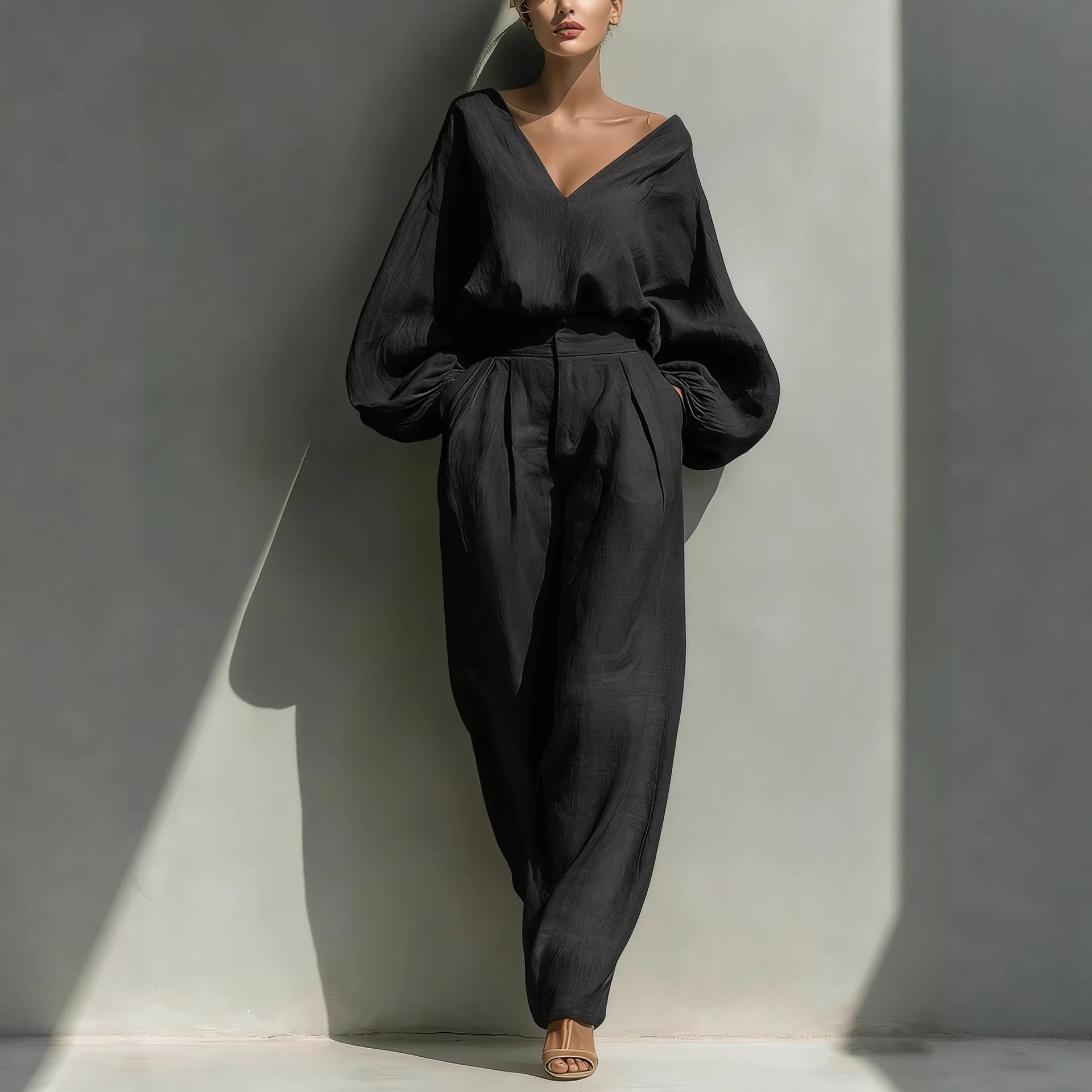 Pitkähihainen väljä trendikäs unisex-retro puuvilla-pellavasekoite-setti