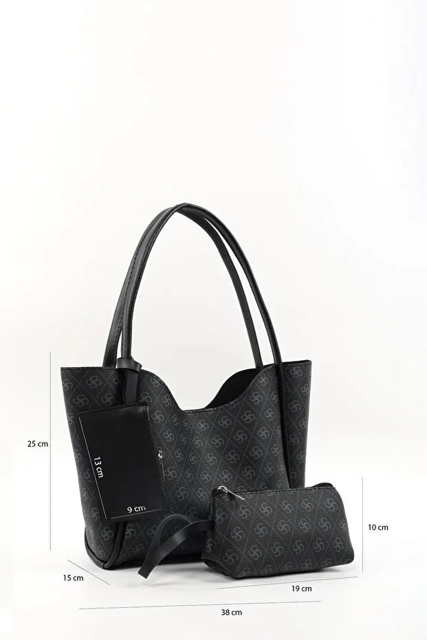 Monogram Black Faux Leather Women Hand And Shoulder Bag With Wallet And Makeup Bag
