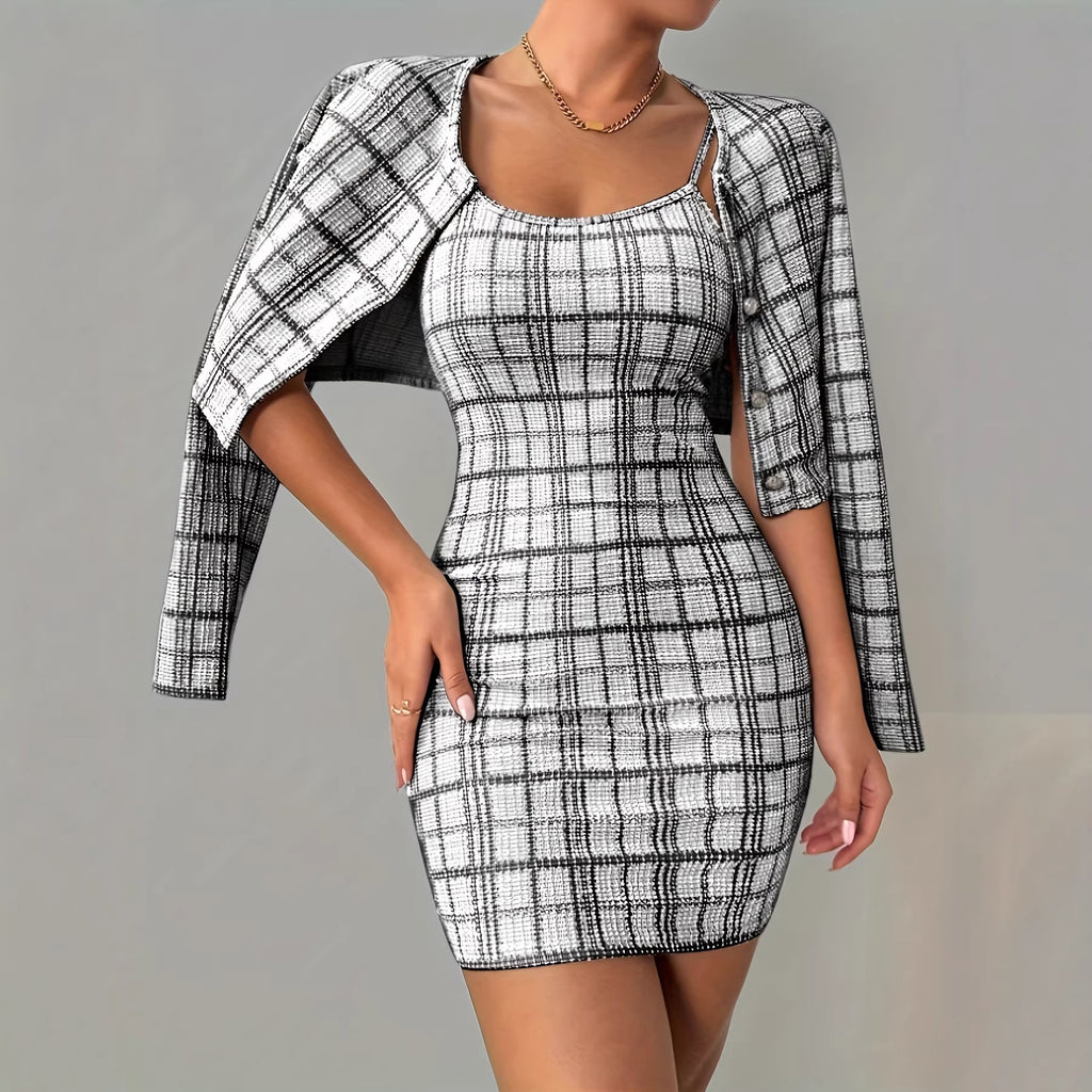 Womens Plaid Long-Sleeve Jacket And Skirt Set