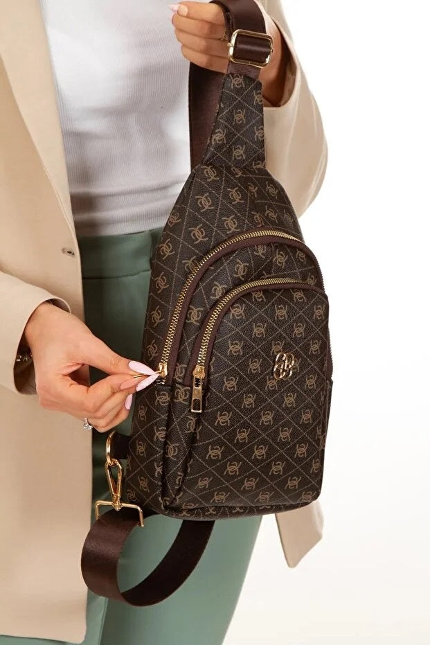 Dame brun læder monogram crossbody bælte bryst- og skuldertaske