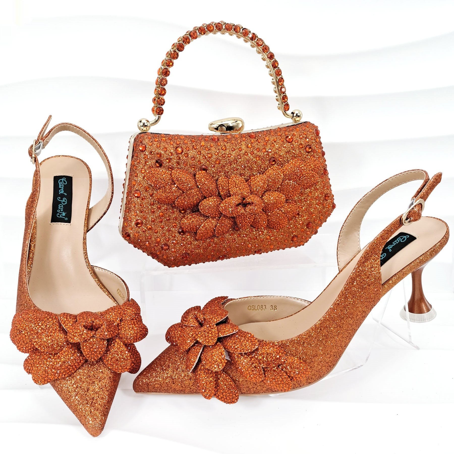 Cross-border Ladies Party Shoes Bag Set Handmade Leaf Decorative Wine Glass Heel Matching Set