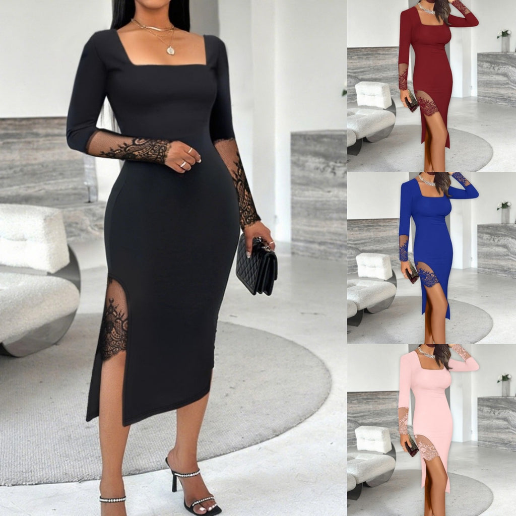 Solid Color Lace Splice Split Dress Women's Fashion Elegant Style Midi Skirt Long Sleeve Square Collar