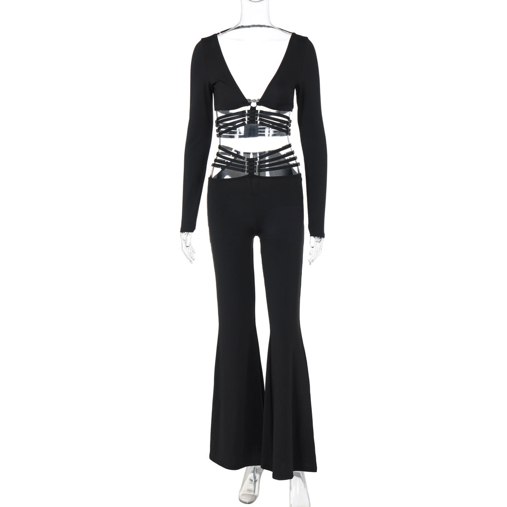 Fashionable V-neck Long-sleeve Top And Slim-fit Wide-leg Pants Set With Tie Details