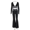 Fashionable V-neck Long-sleeve Top And Slim-fit Wide-leg Pants Set With Tie Details