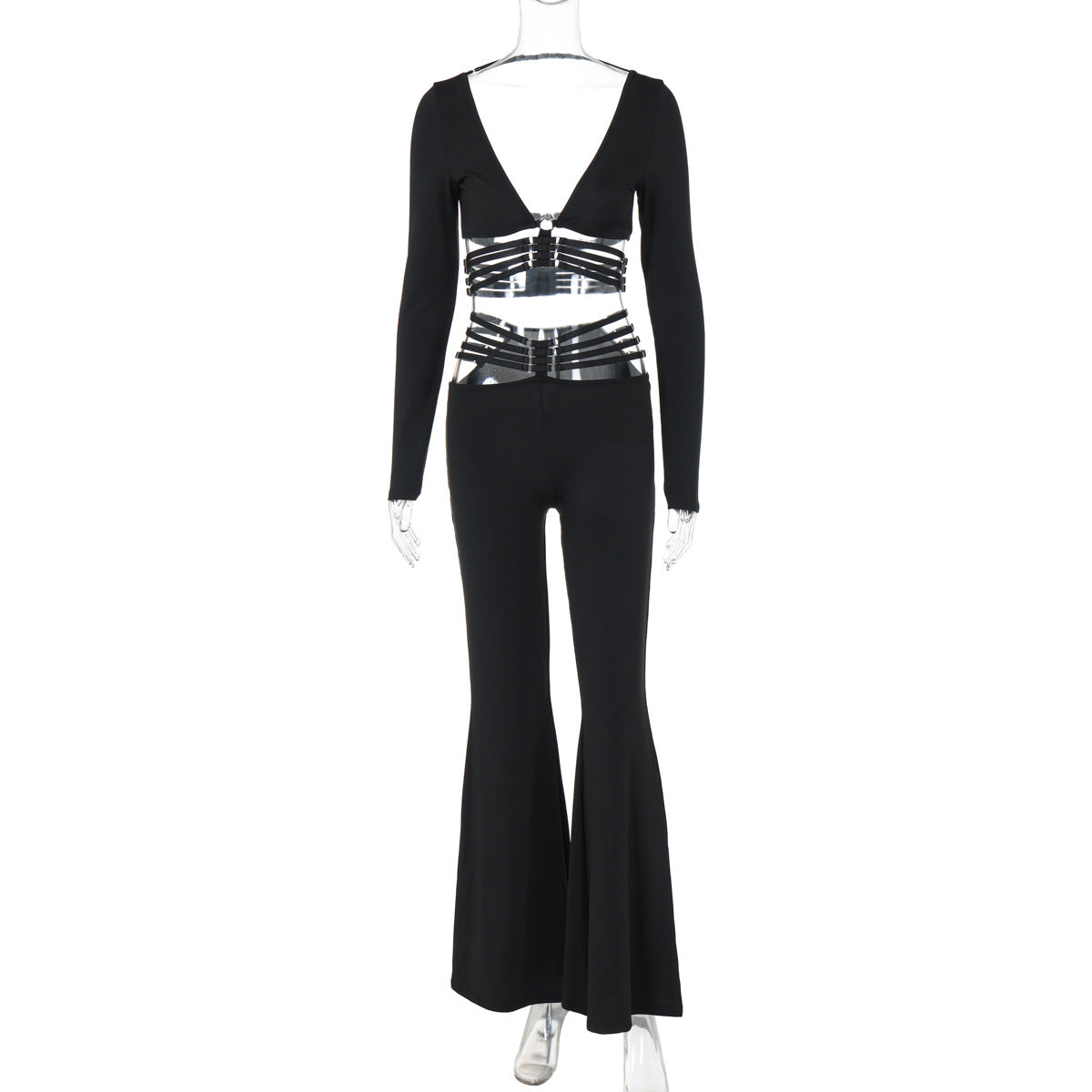 Fashionable V-neck Long-sleeve Top And Slim-fit Wide-leg Pants Set With Tie Details