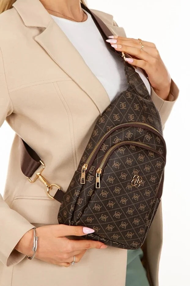 Dame brun læder monogram crossbody bælte bryst- og skuldertaske