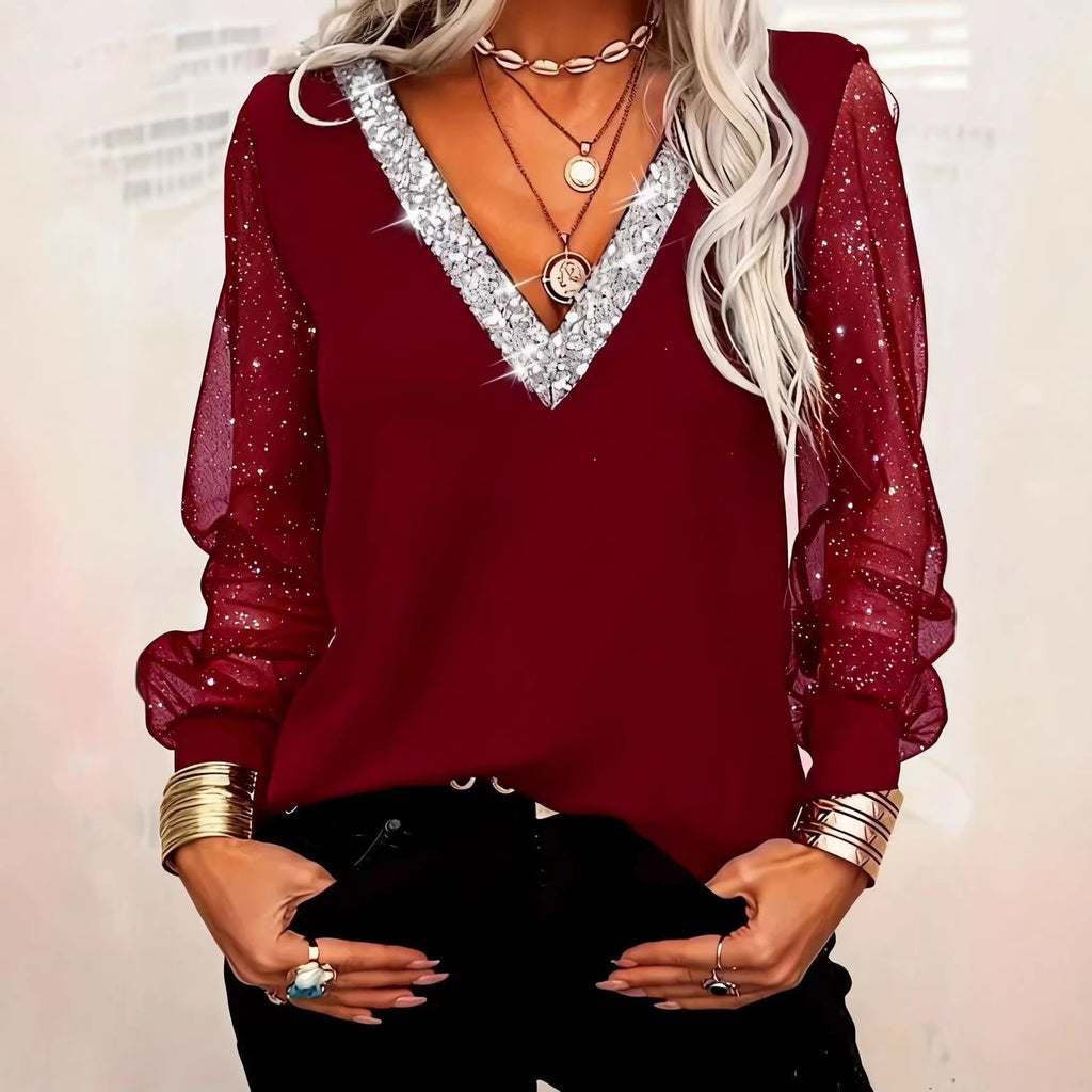 Sequined V-neck Mesh Long-sleeve Casual T-shirt Top