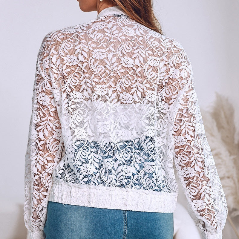 Womens Lightweight  Sheer White Lace Fabric Cropped Jacket With 3D Floral Detailing