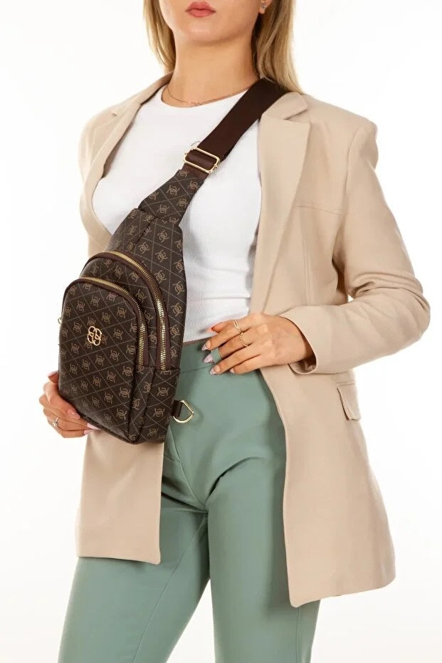 Dame brun læder monogram crossbody bælte bryst- og skuldertaske